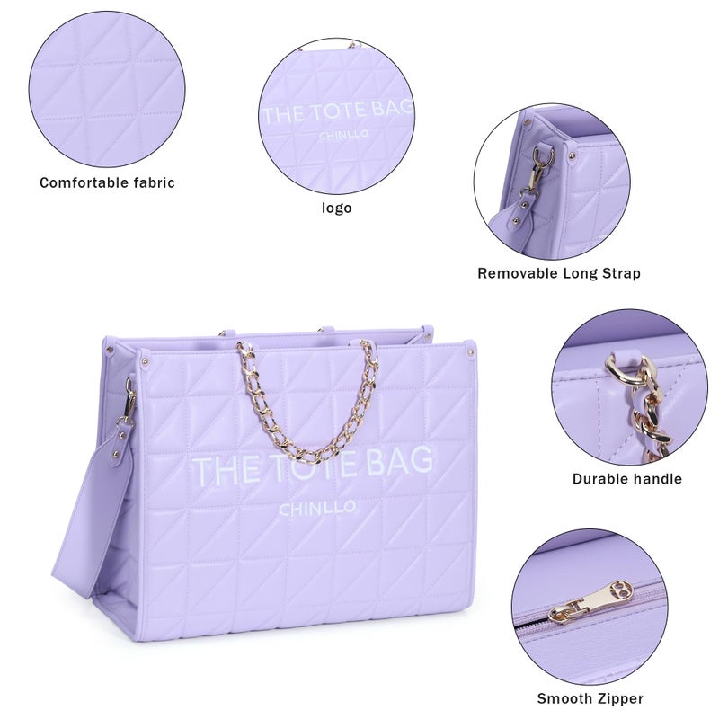 Chinllo Tote Bag for Women Quilted Chains Satchel Purse and Handbags with Shoulder Strap (E.Purple-M) - Image 3
