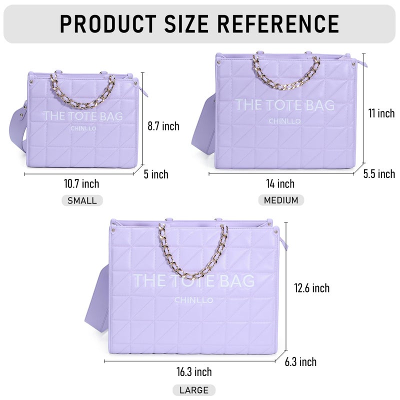 Chinllo Tote Bag for Women Quilted Chains Satchel Purse and Handbags with Shoulder Strap (E.Purple-M) - Image 2