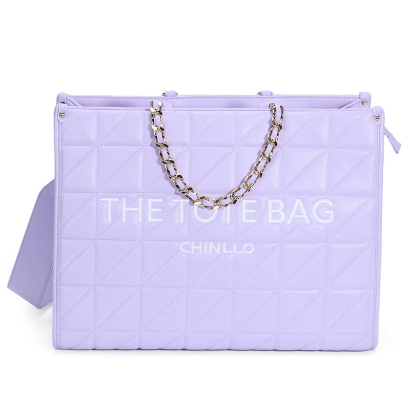 Chinllo Tote Bag for Women Quilted Chains Satchel Purse and Handbags with Shoulder Strap (E.Purple-M) - Image 1