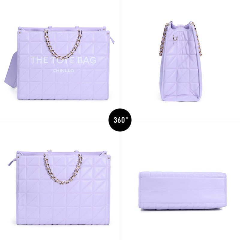 Chinllo Tote Bag for Women Quilted Chains Satchel Purse and Handbags with Shoulder Strap (E.Purple-M) - Image 5