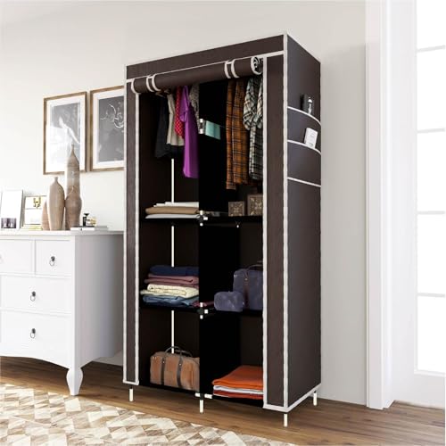 GTC Wardrobe with Plastic Frame | Portable Closet with 6 Shelves & Side Pockets | Non Woven Cover | Ideal for Clothes, Shoes & Accessories (Brown) 26x13x61.4Inch (8800-3) - Image 1
