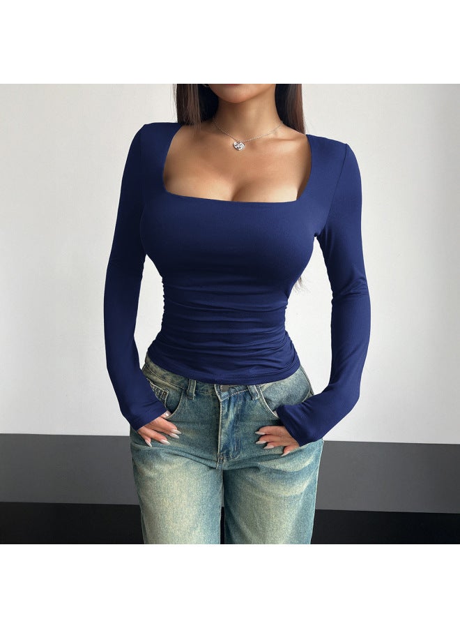 Spring And Summer New Square Collar Long Sleeve Pullover Tight Casual Fashion Top Women