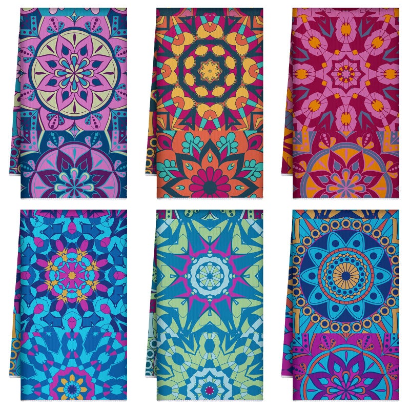 Boyiee Set of 6 Mandala Kitchen Towels Absorbent Boho Dish Towels 24 x 16 Inches Multicolor Hand Dishcloths Mandala Lover Gifts for Farmhouse Kitchen Bathroom Decorations