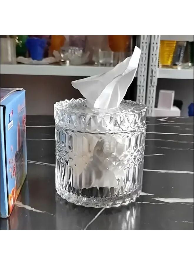 1pc Crystal Glass Tissue Box Holder Diamond Pattern Round Storage Container - Image 1