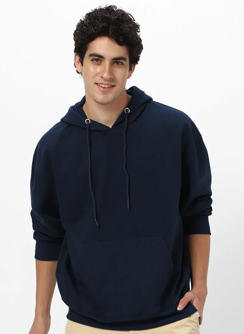 Urbano Fashion Men's Iris Navy Cotton Solid Oversized Hooded Neck Sweatshirt