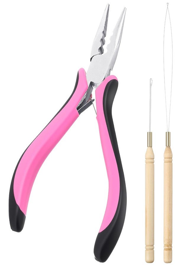 Xyembu Hair Extension Pliers with 2 Crochet Hook 3-Hole Microlinks Hair Extensions Kit Mini Hairs Extension Tool Beads Hairs Extensions Threader Pulling Hook Pliers for Micro and Nano Ring (Pink) - Image 1
