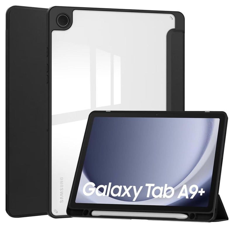 URBBKING Transparent Hard Shell Back Trifold Smart Cover Protective Slim Case for Samsung Galaxy Tab A9+ Black - Image 1