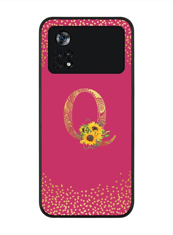 Stylizedd Rugged Black Edge Case for Poco M4 Pro 4G, Slim fit Thin Cover -  Custom Monogram Initial Letter Mandala Floral Pattern Alphabet- Q (Dark Pink Rose) - Image 1