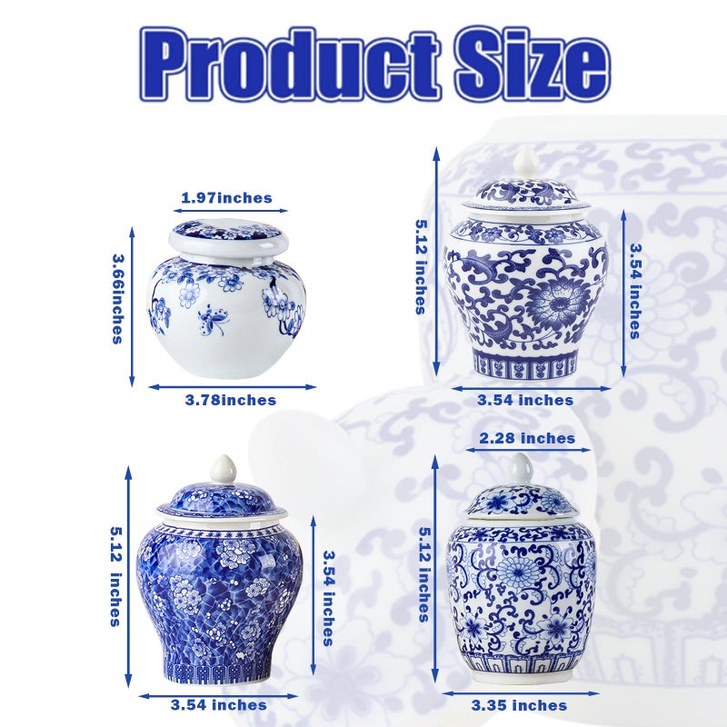 RMERVE Set of 4 Small Blue and White Vintage Vase Porcelain Ginger Jars Mini Chinoiserie Vase for Home Bedroom Table Accent Shelf Tabletop Decor - Image 2