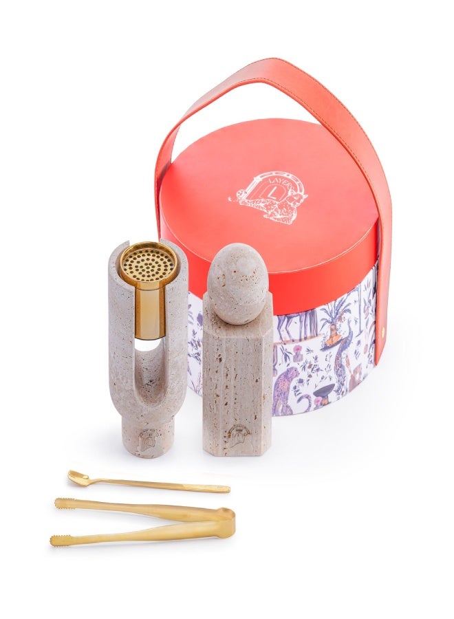 Layers Ofra Beige Travertine Mini Incense Burner Holder with Oud Storage – Natural Marble & Metal - Image 1