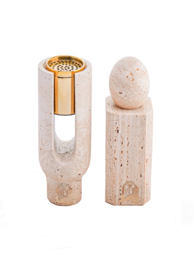 Layers Ofra Beige Travertine Mini Incense Burner Holder with Oud Storage – Natural Marble & Metal - Image 2