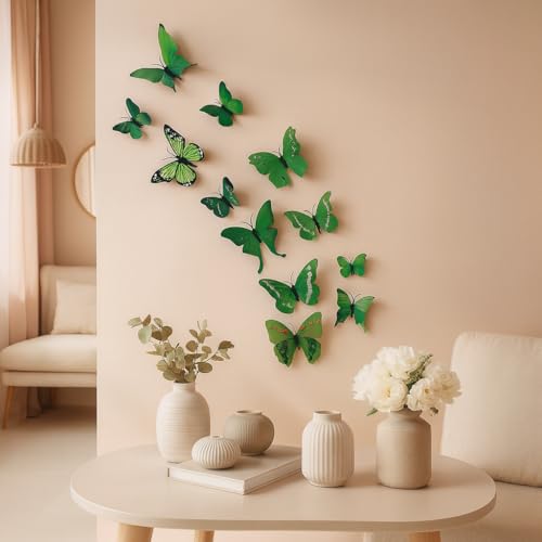 Xtore 12Pcs 3D Home Decor Butterfly | Beautiful Decor Item | Comes with Sticking Pad (Flora Green, Pack of 12), Plastic, Reusable - Image 1