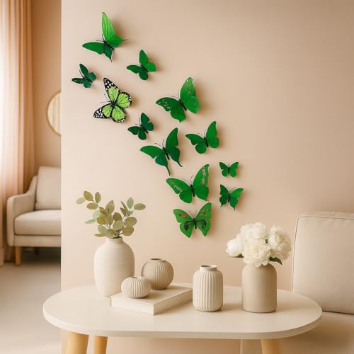Xtore 12Pcs 3D Home Decor Butterfly | Beautiful Decor Item | Comes with Sticking Pad (Flora Green, Pack of 12), Plastic, Reusable - Image 3