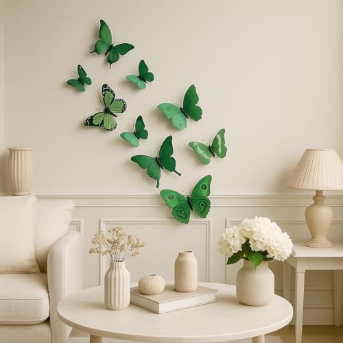 Xtore 12Pcs 3D Home Decor Butterfly | Beautiful Decor Item | Comes with Sticking Pad (Flora Green, Pack of 12), Plastic, Reusable - Image 2