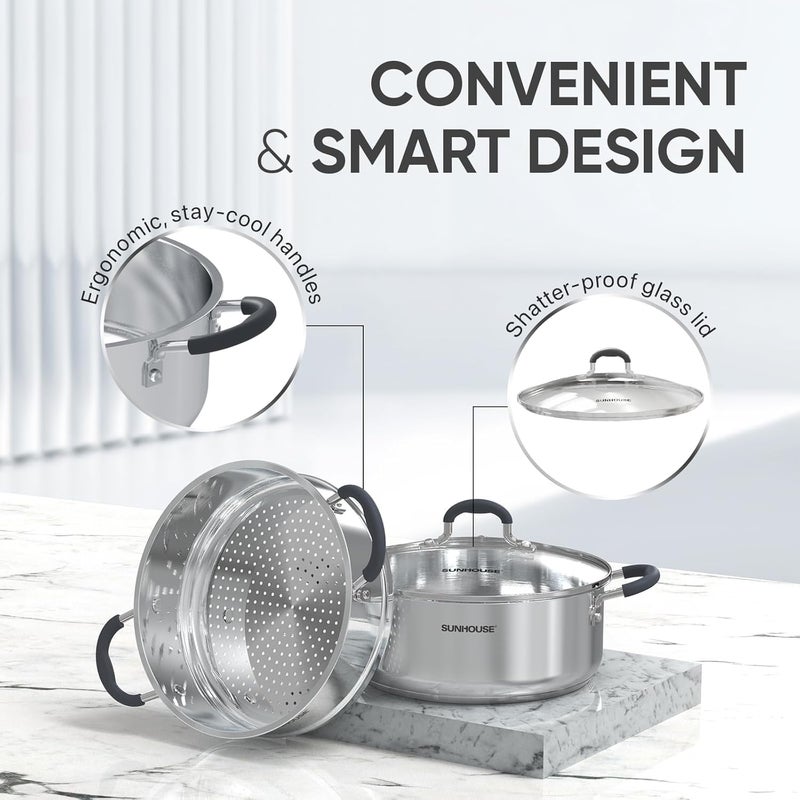 SUNHOUSE - 4.6 Quart Steamer Pots With Lid 2-Tier Multipurpose Stainless Steel Steaming Pot Cookware With Handle For Vegetable, Dumpling, Sauce, Food - Triple Bottom, Measurement Line - Image 3