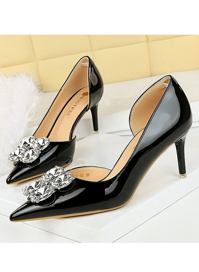 بيج تري المرأة مغلقة أشارت إصبع القدم مضخة الراينست ديكور الكعب العالي الأسود 7.5 سم