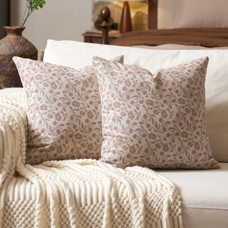 Aeckself Neutral Floral Pillow Covers 18x18 Set of 2 Vintage Block Print Throw Pillow Covers Decorative Farmhouse Accent Couch Pillows for Living Room Bedroom Beige
