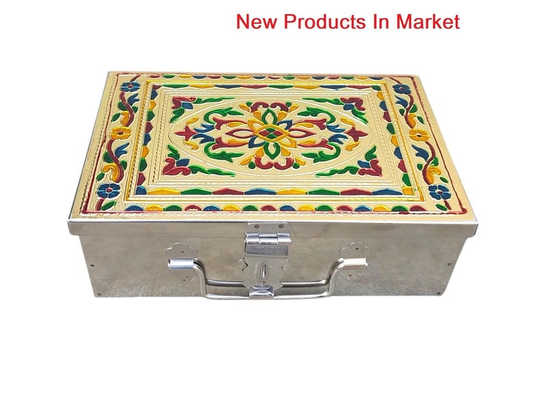 GvanyS Stainless Steel Storage Boxes,Cash, Pooja Peti,Organizer, Vanity Box, Safe Locker,Cash Box With Handicrafts Digital Meenakari Laser Print Design -9 inch (''W-9", H-2.90", L-6") - Image 2
