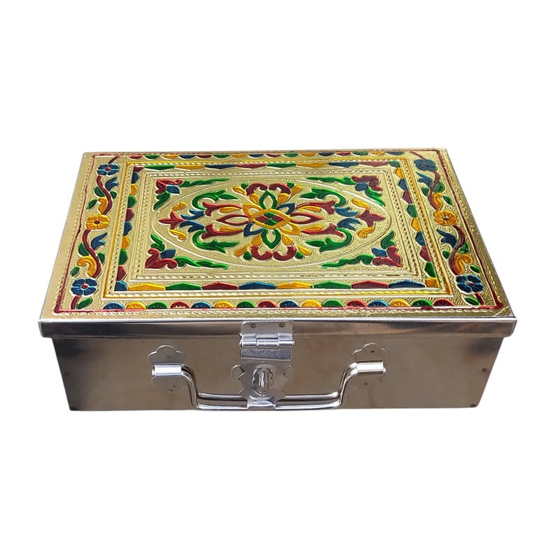GvanyS Stainless Steel Storage Boxes,Cash, Pooja Peti,Organizer, Vanity Box, Safe Locker,Cash Box With Handicrafts Digital Meenakari Laser Print Design -9 inch (''W-9", H-2.90", L-6") - Image 1