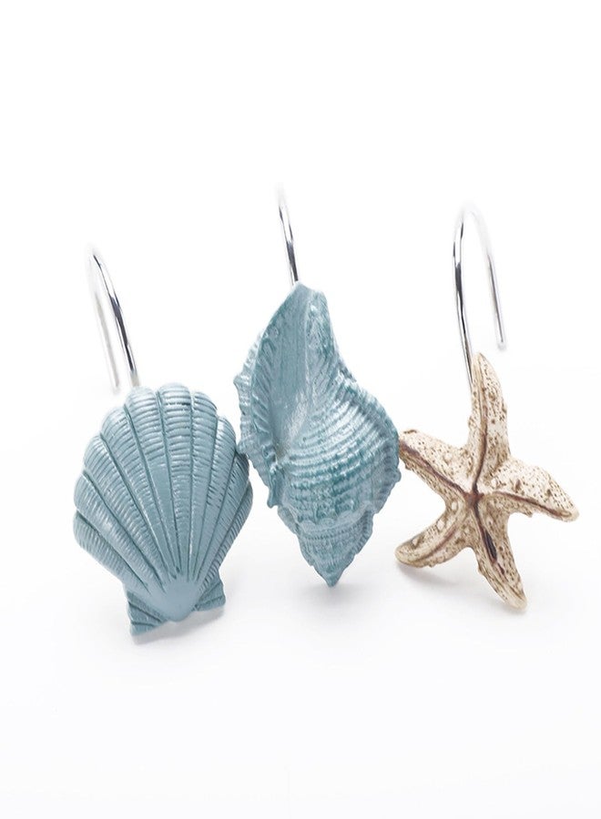 ZCHOMI 12PCS Starfish Seashell Shower Curtain Hooks, Beach Ocean Coastal Shower Curtain Hooks for Shower Curtain, Metal Rustproof Decorative Shower Curtain Rings for Bathroom Accessories (Blue) - Image 1