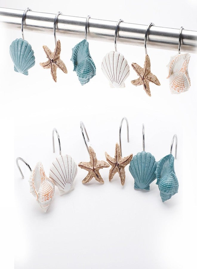 ZCHOMI 12PCS Starfish Seashell Shower Curtain Hooks, Beach Ocean Coastal Shower Curtain Hooks for Shower Curtain, Metal Rustproof Decorative Shower Curtain Rings for Bathroom Accessories (Blue) - Image 2