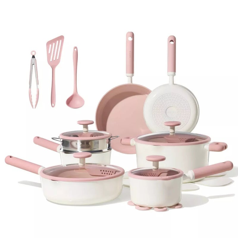 Carote 21-Piece Ceramic Nonstick Cookware Set, PFAS-Free Healthy Cooking Set, Dual-size Silicone Strainer Lids, Full-Spray Even-Heat Base, All Kitchen Stovetop Compatible, Dishwasher Safe (Pink) - Image 1