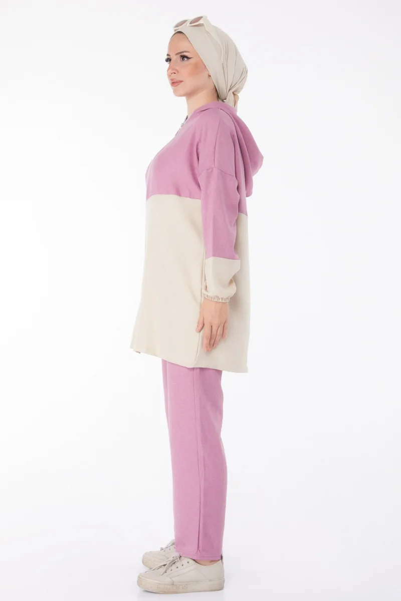 Tofisa Plain Hooded Collar Women's Pink Zippered Two Piece Suit - 13234