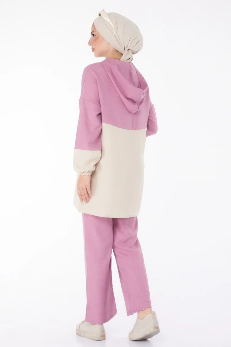 Tofisa Plain Hooded Collar Women's Pink Zippered Two Piece Suit - 13234