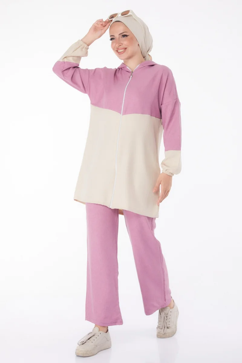 Tofisa Plain Hooded Collar Women's Pink Zippered Two Piece Suit - 13234