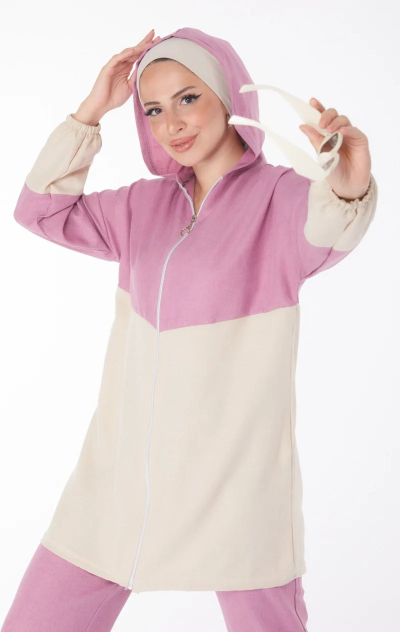 Tofisa Plain Hooded Collar Women's Pink Zippered Two Piece Suit - 13234