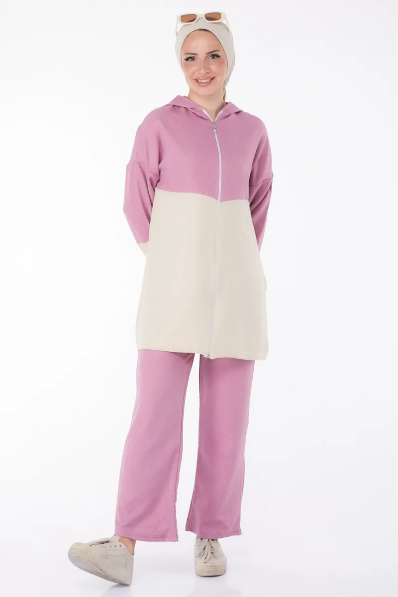 Tofisa Plain Hooded Collar Women's Pink Zippered Two Piece Suit - 13234