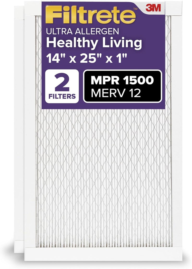 FILTRETE 14x25x1 AC Furnace Air Filter, MERV 12, MPR 1500, CERTIFIED asthma & allergy friendly, 3 Month Pleated 1-Inch Electrostatic Air Cleaning Filter, 2-Pack (Actual Size 13.81x24.81x0.78 in) - Image 1