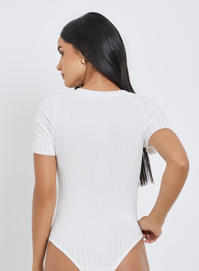 Styli White Ribbed V Neck Bodysuit - Image 5