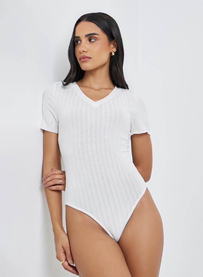 Styli White Ribbed V Neck Bodysuit - Image 1