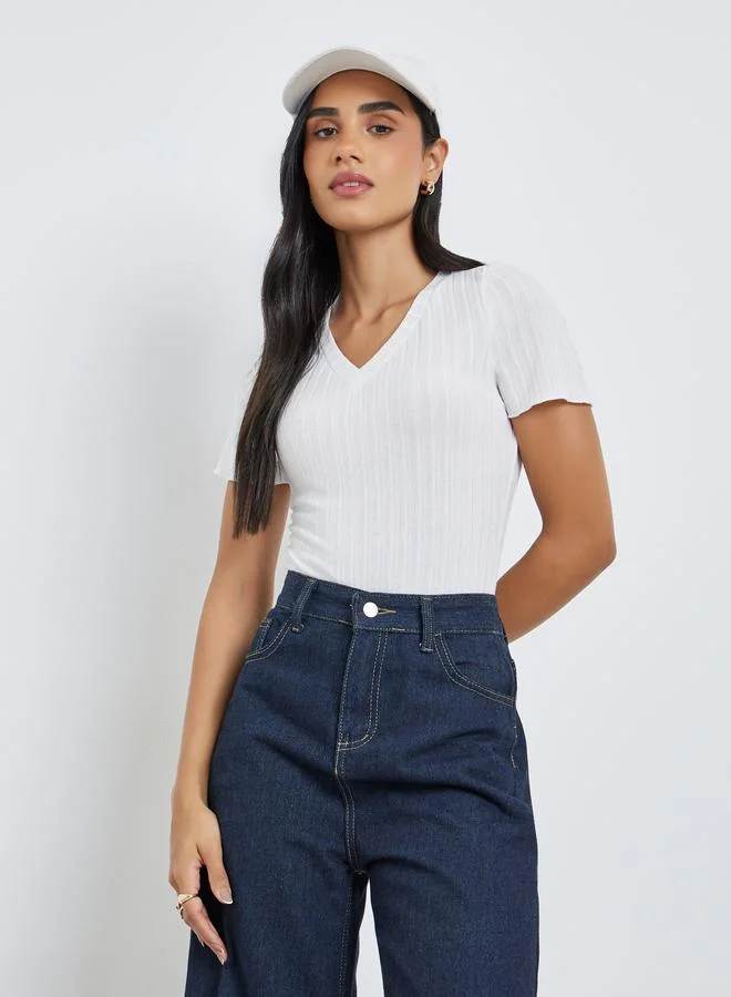 Styli Styli White Ribbed V Neck Bodysuit