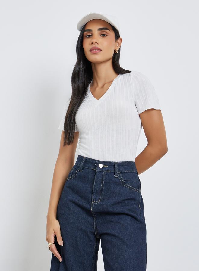 Styli White Ribbed V Neck Bodysuit - Image 3