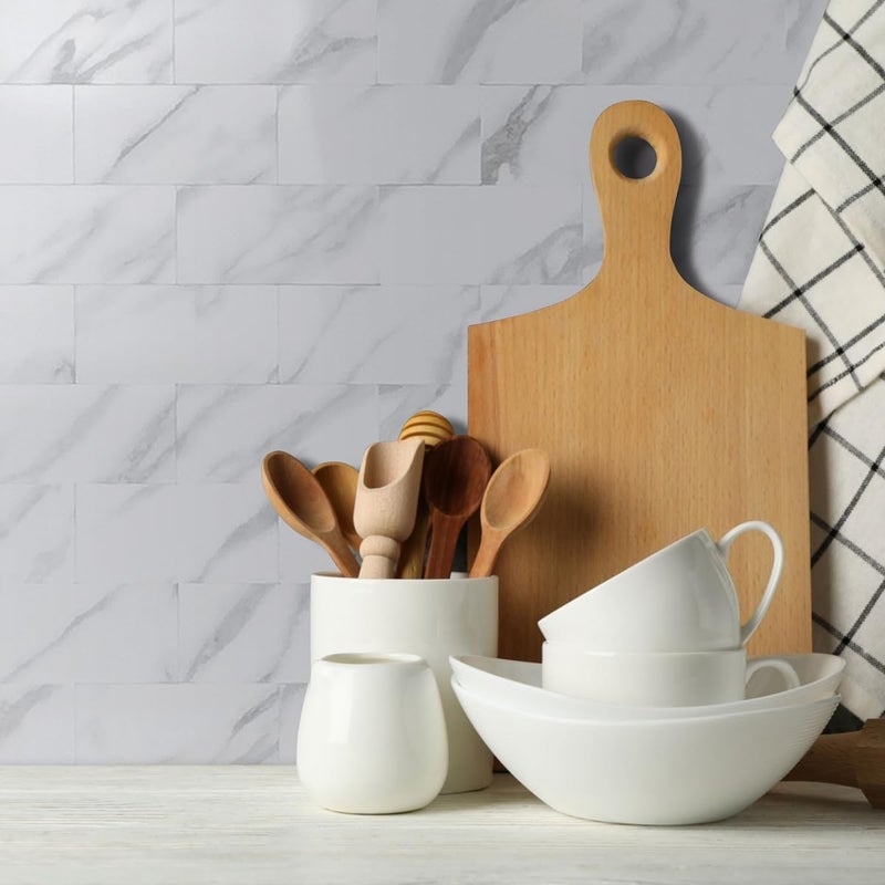 AULIGET 100 Piece Peel and Stick Backsplash PVC Tile, 3" x 6" Polished White Marble Look Stick on Tiles for Backsplash Kitchen, Bathroom, Laundry Room, Camper, Fireplace - Image 3