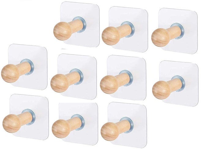ADHESIVE WOODEN WALL HOOK HANGER HANGING FOR HATS CAPS JACKETS COAT BATHROBE BATH TOWEL KEYS AND KITCHEN UTENSILS 10PCS