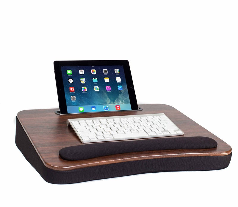 Sofia + Sam Multi Tasking Lap Desk with Memory Foam Cushion | Tablet Slot | Fits Laptops Up to 17" | Tablets Up to 9.6" | Black | Walnut Wood Top | Computer Lap Tray - Image 1