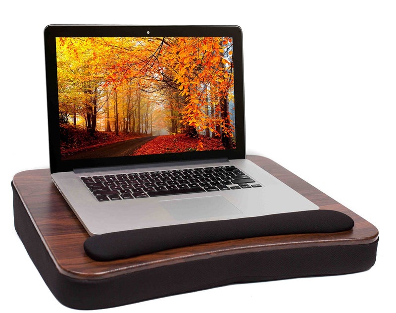 Sofia + Sam Multi Tasking Lap Desk with Memory Foam Cushion | Tablet Slot | Fits Laptops Up to 17" | Tablets Up to 9.6" | Black | Walnut Wood Top | Computer Lap Tray - Image 2