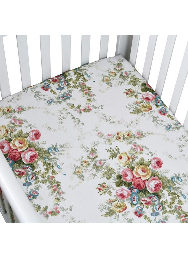 Brandream Brandream Crib Sheets Girl Soft Cotton Floral Toddler Sheets Printed, All Seasons Use Cozy Vintage Shabby Baby Nursery Bed Sheets for Standard Crib and Toddler Mattress, White Green Pink Nursery Decor  - Image 1