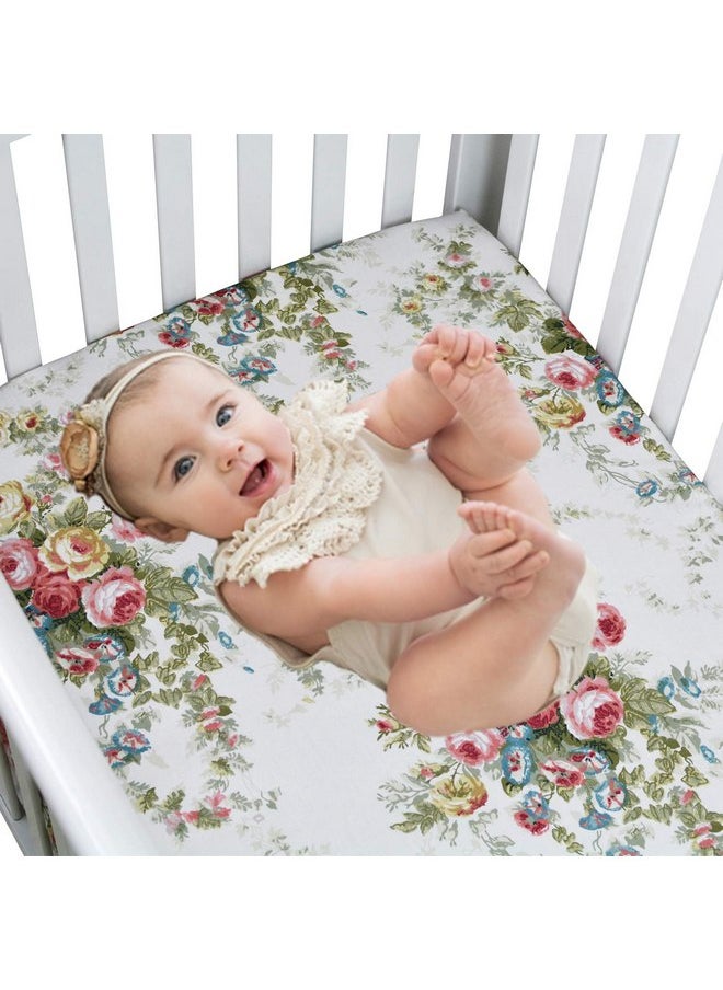Brandream Brandream Crib Sheets Girl Soft Cotton Floral Toddler Sheets Printed, All Seasons Use Cozy Vintage Shabby Baby Nursery Bed Sheets for Standard Crib and Toddler Mattress, White Green Pink Nursery Decor  - Image 4