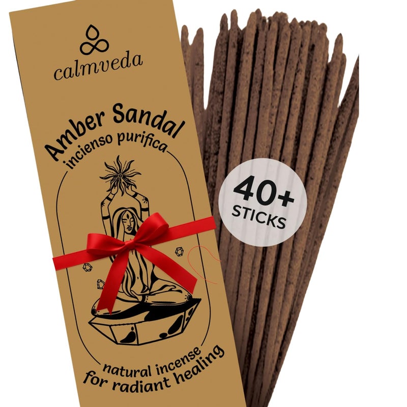 Calmveda Sandalwood Amber Incense Sticks Resin - (40+ Sticks, 9 Inch) Thick Natural Amber Incense Sticks Made from Resins, Clean Charcoal Free | Warm Resinous - Sweet Aroma to Balance Energy & Cleanse Home - Image 1