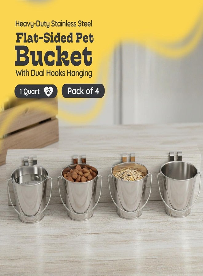 AASPIRE PETS 1 Quart Stainless Steel Flat Sided Bucket with Dual Hooks | 4 Pcs Durable Food & Water Bowl for Dog Cat Bird & Small Animals | Fits kennel Cage Crates Farm Hanging Pet Pail | Multipurpose - Image 2