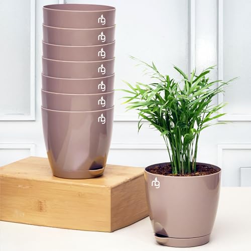 Nurturing Green® Combo of 8 Self Watering Flower Pots for Plants | Plastic Plant Pots | Planter Pots for Home, Indoor Living Room,Garden (Color: Mocha, Size: 11.5cm x 11cm Each) - Image 1