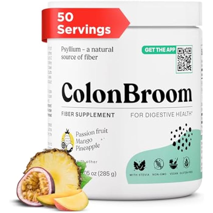 ColonBroom Psyllium Husk Powder with Stevia (Tropical Fruits, 50 Servings) - Colon Cleanse for Bloating Relief & Gut Health - Fiber Powder Drink - Vegan Supplement - Image 1