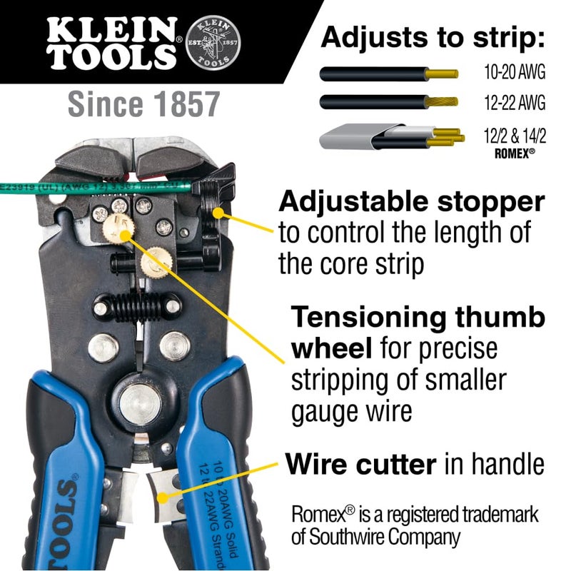 Klein Tools 11061 Self-Adjusting Stripper / Cutter, Heavy Duty, for 10-20 AWG Solid, 12-22 AWG Stranded, and Romex Wire 12/2 and 14/3 - Image 2