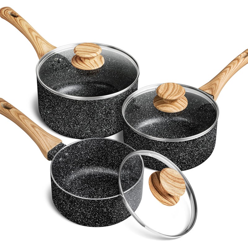MICHELANGELO Saucepan Set with Lid Nonstick Sauce Pan with Lid 1QT 2QT  3QT Stone Saucepan Sets Small Sauce Pot with Lid Granite Sauce pan 3 Piece Sauce Pots Black