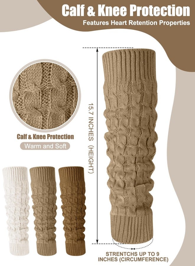 Chuarry 3 Pairs Winter Fleece Lined Leg Warmer for Women Skating Leg Warmer Long Boot Socks for Women Skating Every Day Wear (Cable Knit Pattern, Dark Khaki, Light Khaki, Beige) - Image 3