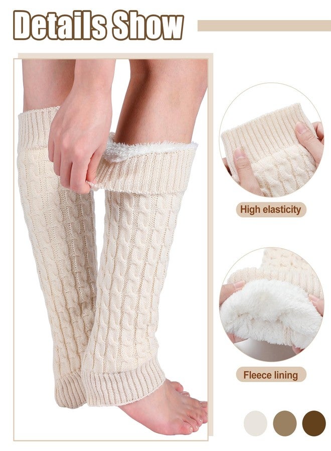 Chuarry 3 Pairs Winter Fleece Lined Leg Warmer for Women Skating Leg Warmer Long Boot Socks for Women Skating Every Day Wear (Cable Knit Pattern, Dark Khaki, Light Khaki, Beige) - Image 4
